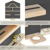 Collage of images showing details of a wooden wall shelf with magnetic strips and a cutout for a Toniebox. Produktbild-Vorschau