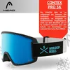 A pair of blue ski goggles with a black frame and a white strap with black accents, presented with marketing text and branding. Anteprima dell’immagine prodotto
