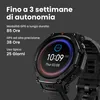 A smartwatch with its screen displaying the time and date, next to text highlighting its battery life features. Podgląd zdjęcia produktu