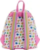 The back view of a white backpack with a repeating pattern of colorful cartoon images including suns, clouds, rainbows, shamrocks, and flowers. It has pink trim and straps with rainbow accents. Produktbild-Vorschau