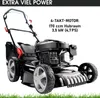 A black and gray lawnmower is shown from a low angle, with text overlays describing its features. Produktbild-Vorschau