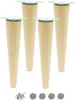 A set of four wooden furniture legs with silver mounting plates and screws, along with felt pads, arranged against a white background. Produktbild-Vorschau