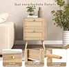 A bedside table with rattan-style drawer fronts and wooden legs, placed next to a sofa and a potted plant. The image includes close-up insets highlighting product features. Náhled obrázku produktu