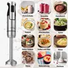 A collage of food items prepared using a hand blender, with the hand blender prominently displayed on the left. Produktbild-Vorschau