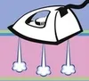 A cartoon illustration of a steam iron emitting steam against a colorful, striped background. Anteprima dell’immagine prodotto
