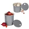 Two ceramic storage jars with lids, one filled with garlic and the other with shallots and red onions. Produktbild-Vorschau