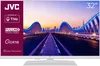 A white JVC television displaying a vibrant image of a futuristic bridge and cityscape at sunset. Produktbild-Vorschau