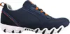A side view of a blue sneaker with orange accents. Voir les images du produit
