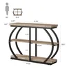 A diagram showing the dimensions of a console table, with a silhouette of a person for scale. Podgląd zdjęcia produktu