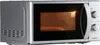 A silver microwave oven is shown from a side-front angle against a white background. Produktbild-Vorschau