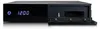 A black satellite receiver with a digital display and a flip-open panel revealing ports. Produktbild-Vorschau