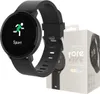 A black smartwatch and its packaging are displayed against a white background. Podgląd zdjęcia produktu