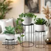 Three black metal plant stands of varying heights, each holding a potted plant, are arranged on a wooden table in a living room setting. A couch and artwork are visible in the background. Náhľad obrázku produktu