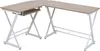 An L-shaped desk with a light wood-effect top and white metal legs, shown against a white background. Voir les images du produit