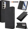 Collage of images showing a black flip-style phone case from different angles, including the interior with card slots and the exterior showing the camera cutout. Produktbild-Vorschau