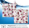 Two seat cushions with a floral rose pattern are shown against a blue background with water splashes. A hand washing icon and care instructions are visible at the bottom. Produktbild-Vorschau