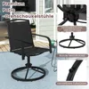 A black patio chair with a circular base is shown on a patio with a blue rug. Inset images highlight the chair's features. Produktbild-Vorschau