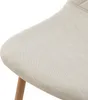 A close-up view of the seat of a beige upholstered chair with a wooden leg. Náhľad obrázku produktu