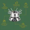 A collage of images showing a fondue set with various informational text boxes and icons. Produktbild-Vorschau