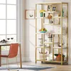 A modern living room or dining area with a white and gold bookshelf filled with decorative items and a dining table with chairs. Produktbild-Vorschau