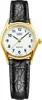 A close-up studio shot of a gold-toned Casio women's watch with a white face and a black leather strap. Produktbild-Vorschau