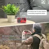 A collage showing a DIY FM radio kit with dimensions and a person using it outdoors. Produktbild-Vorschau