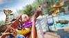 A group of animals, including a giraffe, pig, goat, and rhino, are having fun at a water park, sliding down a water slide and swimming in the pool. Náhled obrázku produktu