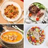 A collage of four different food dishes: pasta with meat, steak with vegetables, soup, and a salad with chicken. Produktbild-Vorschau