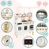 A marketing image showcasing a children's wooden kitchen with various interactive elements and accessories, presented with illustrative overlays and close-up views of features. Produktbild-Vorschau