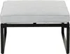 A close-up, front-facing view of a light gray upholstered ottoman with a black metal frame, set against a white background. Produktbild-Vorschau