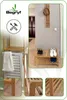 A collage of images showing a bamboo shoe rack with shoes and plants, along with close-up details of its construction and a towel on a shelf. Podgląd zdjęcia produktu