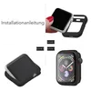 A collage of images showing the installation steps for an Apple Watch protective case. Produktbild-Vorschau