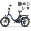A blue electric bicycle with various accessories displayed in small boxes above it. Produktbild-Vorschau