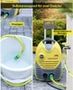 A collage showing two different ways to use a pressure washer: drawing water from a bucket and connecting to a tap. The pressure washer is yellow and gray. Produktbild-Vorschau