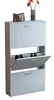 A white shoe cabinet with two open compartments and a closed compartment, displaying shoes and a handbag on top. Voir les images du produit