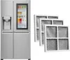 A silver LG refrigerator with a transparent door showing food items, and three air filters next to it. Produktbild-Vorschau