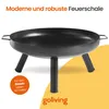 A black metal fire pit on a yellow and white background with text overlays. Produktbild-Vorschau