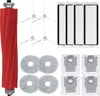 A collection of cleaning accessories for a robot vacuum cleaner, including a main brush, mop pads, dust bags, and HEPA filters, laid out on a white background. Produktbild-Vorschau