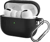 A black silicone case for Apple AirPods Pro 2 with the earbuds inside, and a silver carabiner attached. Produktbild-Vorschau