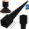 A black metal ground anchor for posts, with a pointed end for insertion into the ground, and a square socket for a post. Several screws are shown, along with a small pile of soil and a wooden post fragment. A "Made in EU" tag is visible. Produktbild-Vorschau
