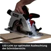 A hand is holding a circular saw, which is positioned on a piece of wood. The saw has LED lights illuminating the cutting area. Produktbild-Vorschau