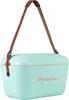 A turquoise Polarbox cooler with brown leather straps and pink lettering on a white background. Podgląd zdjęcia produktu