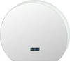 A white, circular LED bathroom mirror with a digital display showing the time. Produktbild-Vorschau