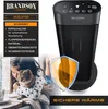 A woman holding a cat next to a Brandson heater, with marketing text and safety icons. Produktbild-Vorschau