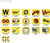 A grid of yellow squares with icons and text describing features of a product. Produktbild-Vorschau