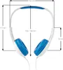 A top-down view of a pair of white and blue headphones with dimensions indicated by measurement lines and text. Produktbild-Vorschau