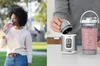 A split image showing a woman drinking from a portable blender and a close-up of the blender being assembled. Podgląd zdjęcia produktu