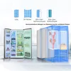 A side-by-side refrigerator with its doors open, showcasing internal compartments and shelves. Above the refrigerator, there are diagrams illustrating different storage capacities and configurations. To the right, a transparent blue outline highlights the  Produktbild-Vorschau