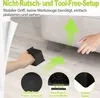 A collage showing furniture risers being installed and close-ups of their features. Produktbild-Vorschau
