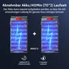 Two battery packs with glowing blue lightning bolts inside, placed side-by-side with a plus sign in between. Below are icons and text indicating battery life and charging time. Produktbild-Vorschau